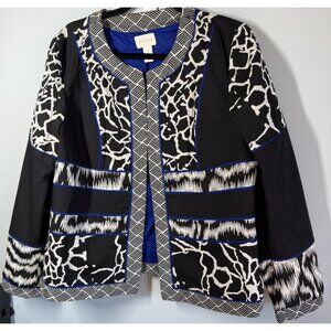 Chicos Women Open Jacket Blazer Lined Size 2 Blue/Black Artisan Jacquard Grandma